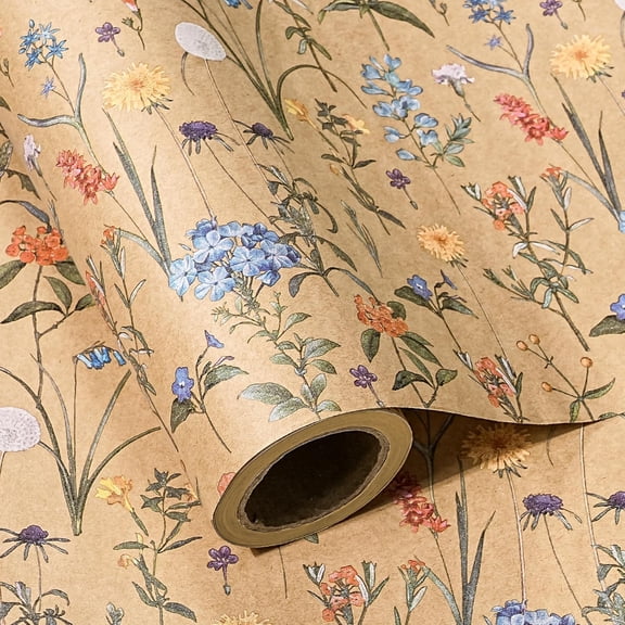 AllWays Plaza Kraft Floral Wrapping Paper Roll - Mini Roll - 17 Inch x 9.8 Feet - Wildflower Wrapping Paper Perfect for Girls Women Birthday, Wedding, Bridal Shower