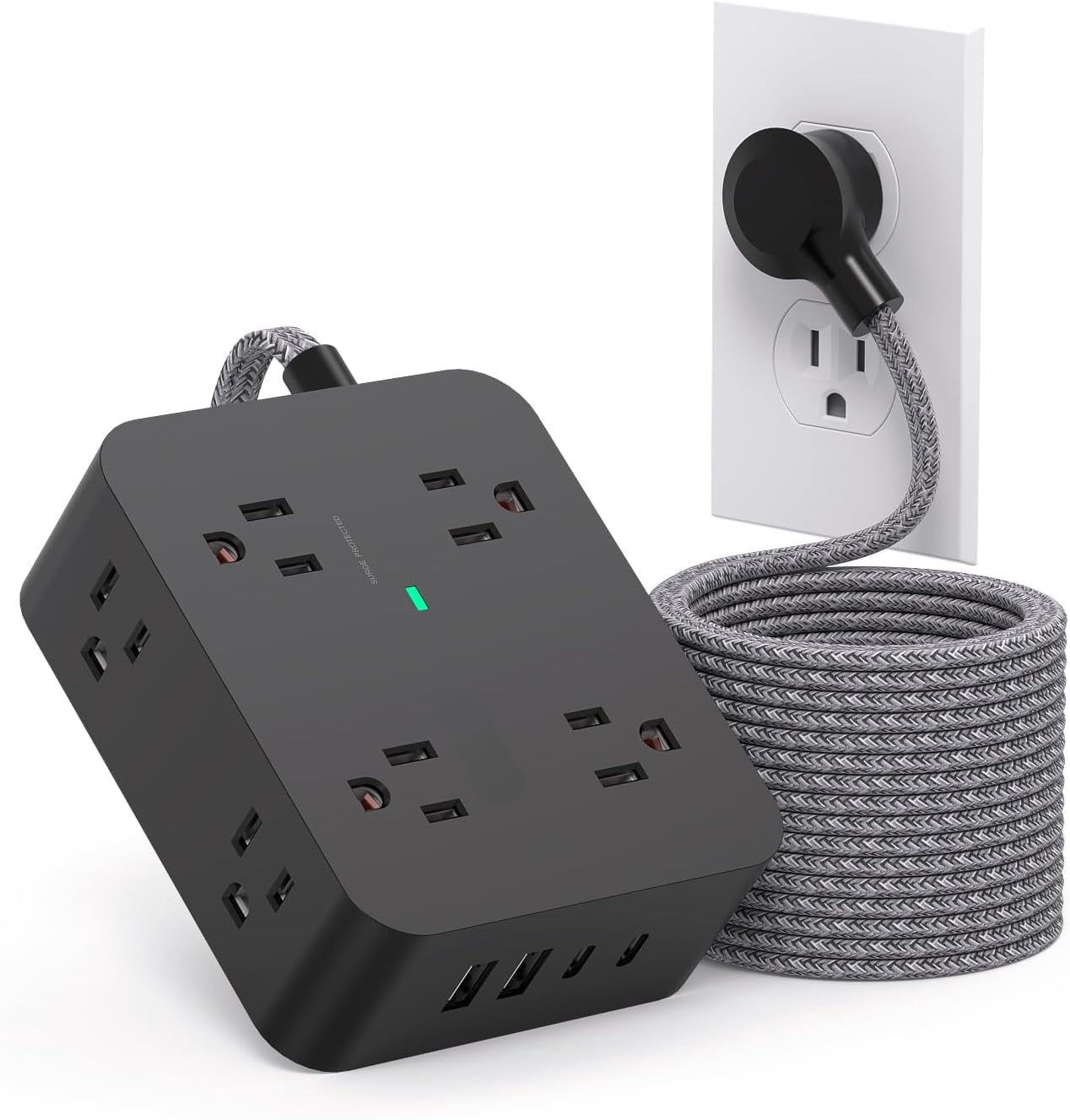 AllWays Plaza Long Extension Cord 15 ft, Surge Protector Power Strip 15 Feet with 4 Outlets 4 USB Ports (2 USB C), 3 Prong Desk Charging Station, Wall Mount for Indoor Essentials