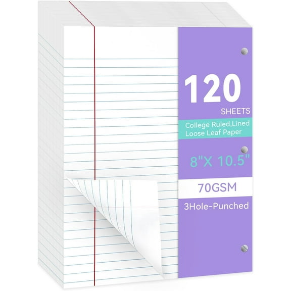 AllWays Plaza Loose Leaf Paper Wide Ruled Notebook Paper, 8" x 10.5" Lined Filler Paper for 3-Ring Binders, 3-Hole Punched Writing Paper-120 Sheets, White
