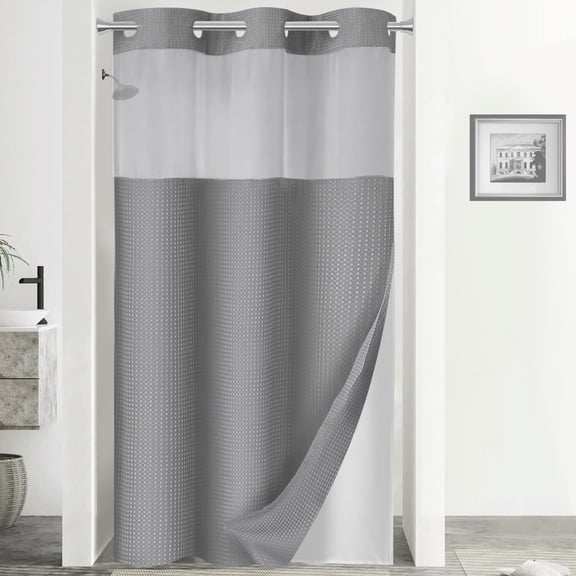 AllWays Plaza No Hook Shower Curtain with Snap in Liner Set Less Time Grey Waffle Shower Curtain for Bathroom 75" L x 48" W Gray
