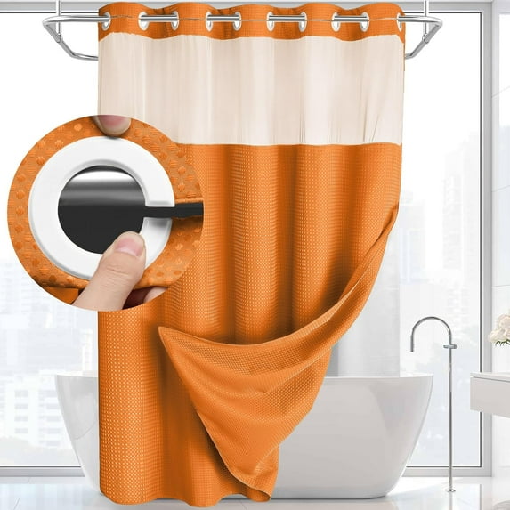 AllWays Plaza No Hook Shower Curtain with Snap in Liner Set Less Time Waffle Shower Curtain for Bathroom 75" L x 72" W Orange