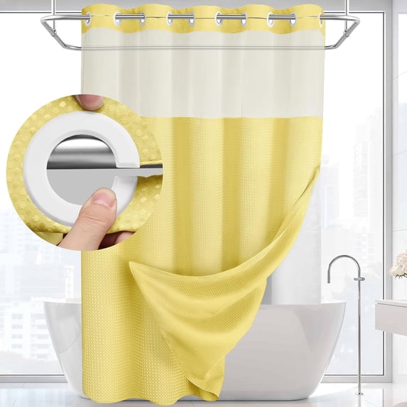 AllWays Plaza No Hook Shower Curtain with Snap in Liner Set Less Time Yellow Waffle Shower Curtain for Bathroom 75" L x 72" W Yellow
