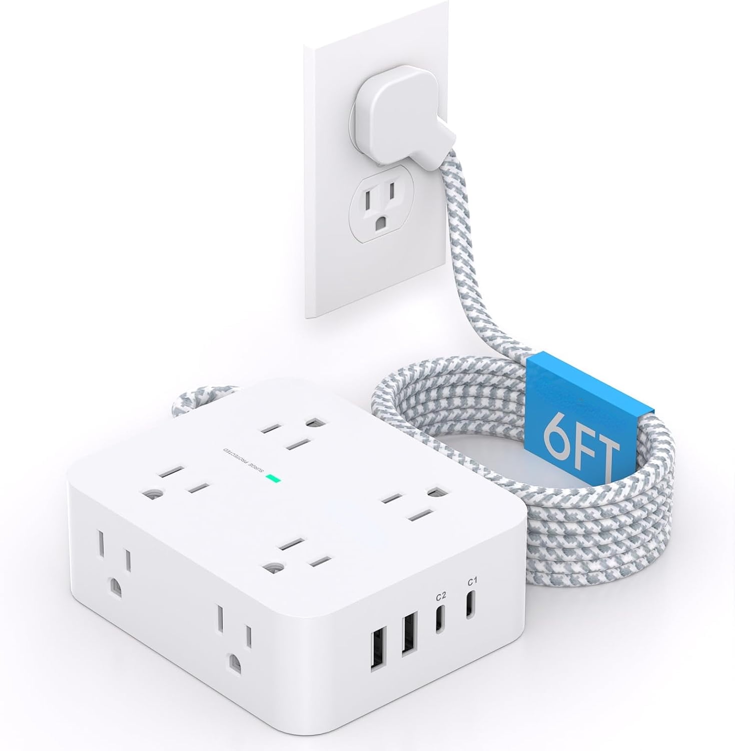 AllWays Plaza Extension Cord 20 Ft, Power Strip Surge Protector with 8 Outlets 4 USB Ports(2 USB C), Long Cord, Flat Plug, Wall Mount, Desk USB Charging Station for Home Office Essentials
