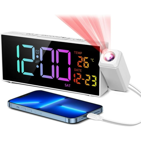 AllWays Plaza Projection Clock for Bedroom Ceiling, Alarm Clocks with 180° Rotatable Projector, Date Temperature and Weekday, Manual DST, 5 Brightness, 10 Ringtones, 4 Volumes (White RGB)