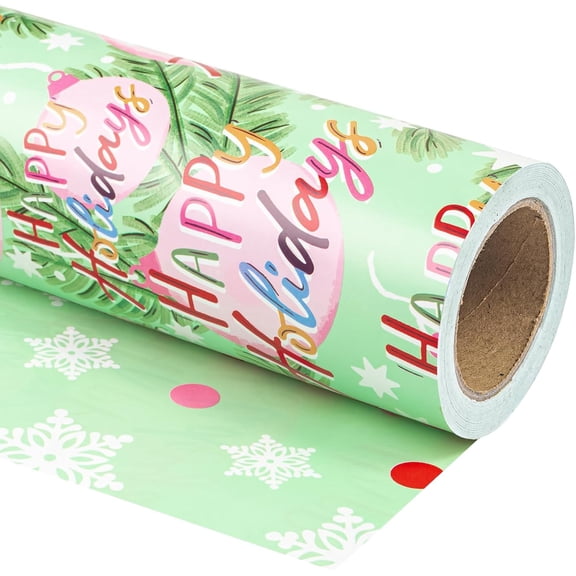 AllWays Plaza Reversible Christmas Wrapping Paper - Mini Roll - 17 Inch x 33 Feet - Happy Holiday Lettering with Christmas Ball Design for Holiday, Party Celebration