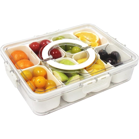 AllWays Plaza Snackle Box Container, Portable Snack Box 8 Compartment Divided Serving Tray with Lid & Handle, Clear Snack Charcuterie Platter for Travel Candy Party Fruit Salad (White)