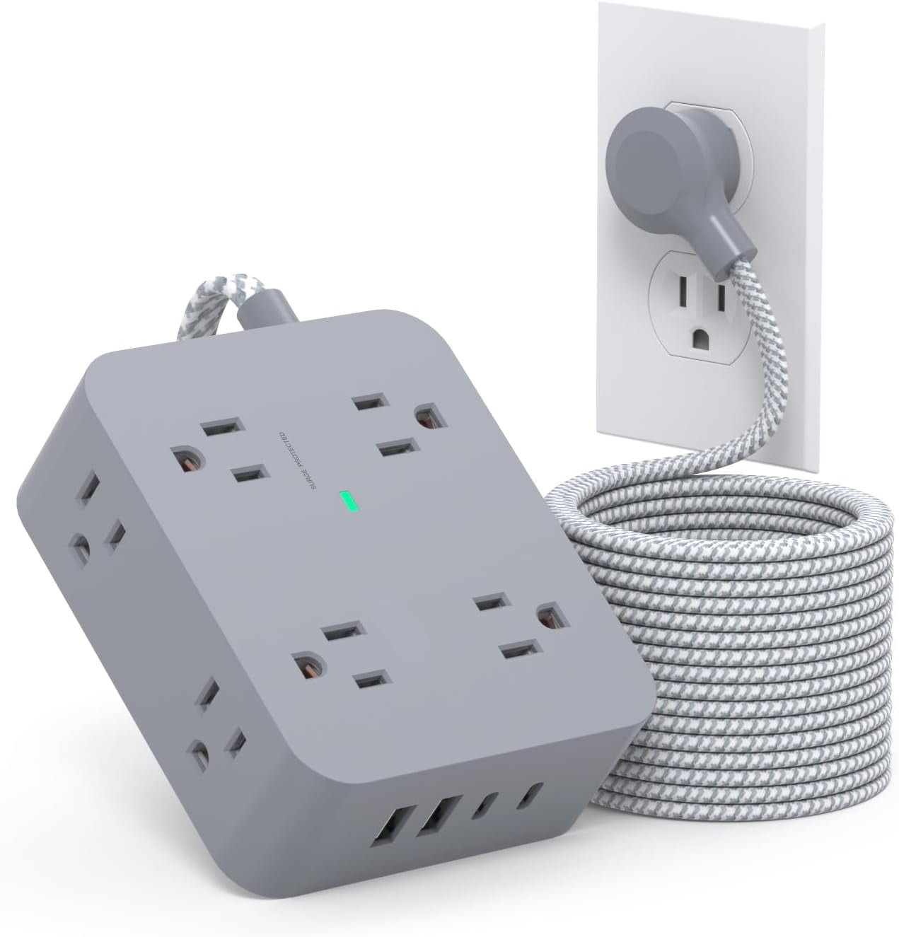AllWays Plaza Surge Protector Power Strip 15 Ft Long Cord, 8 Outlets 4 USB Ports(2 USB C), Flat Plug, Desk Charging Station for Home Office College Dorm Room Essentials
