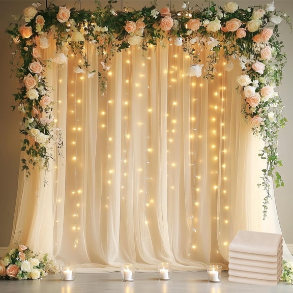 AllWays Plaza Tulle Backdrop Curtains Champagne 30FT X 8FT Tulle Curtains with Lights String Sheer Backdrop Curtain for Parties Wedding Baby Shower Photo Shoot Decorations (6 Panels 5x8FT)