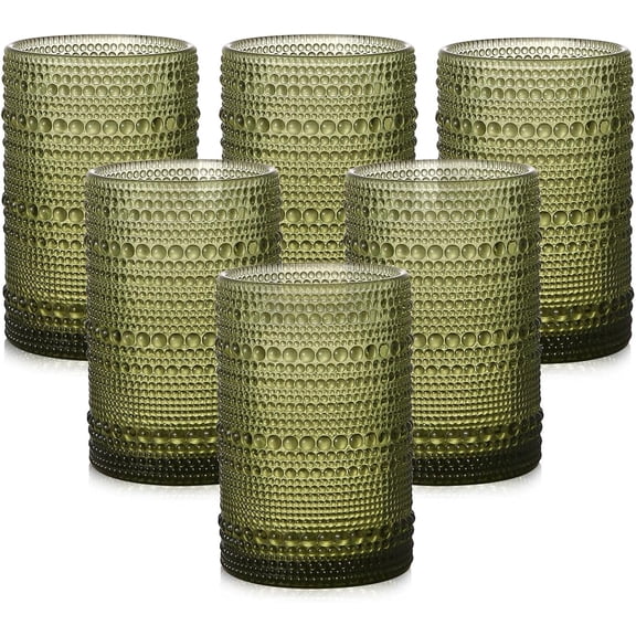 Vintage Glassware Drinking Glasses Set of 6,15 oz Hobnail Glass Cups,Embossed Green Water Tumbler,for Beer,Cocktail,Whiskey,Juice and Various Mixed Drinks- 1 Cleaning Brush