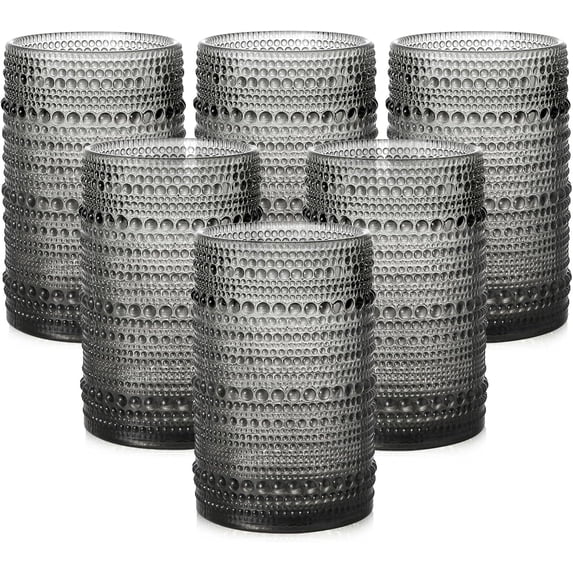 AllWays Plaza Vintage Glassware Drinking Glasses Set of 6,15 oz Hobnail Glass Cups,Embossed Grey Water Tumbler,for Beer,Cocktail,Whiskey,Juice and Various Mixed Drinks- 1 Cleaning Brush