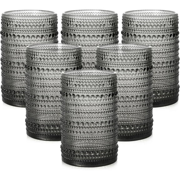 AllWays Plaza Vintage Glassware Drinking Glasses Set of 6,15 oz Hobnail Glass Cups,Embossed Grey Water Tumbler,for Beer,Cocktail,Whiskey,Juice and Various Mixed Drinks- 1 Cleaning Brush