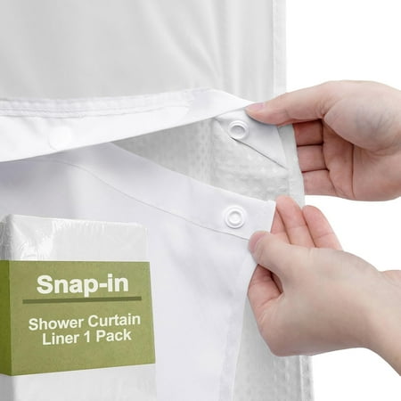 AllWays Plaza Waterproof Fabric Snap in Shower Curtain Liner Replacement with 2 Magnets 59" W x 55" L for 60" W x 75" L No Hook Shower Curtain - Removable & Detachable to Wash - White