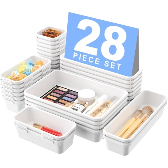 AllWays Plaza【𝟮𝟴𝗣𝗖𝗦】 【𝟱𝗦𝗶𝘇𝗲】 White Drawer Organizer, Makeup organizer, 【Holds 177 Items】 Bathroom Organizers and Storage, Plastic Desk Organizer Divider, Organizer Bins for Office Vanity