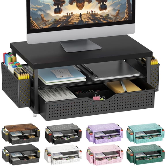 AllWays Plaza Wood Monitor Stand Riser, Office Desk Shelf Organizer, Desk Organizer with Drawer and Pen Holder, 2-Tier Computer Stand, Office Organization (Ink)