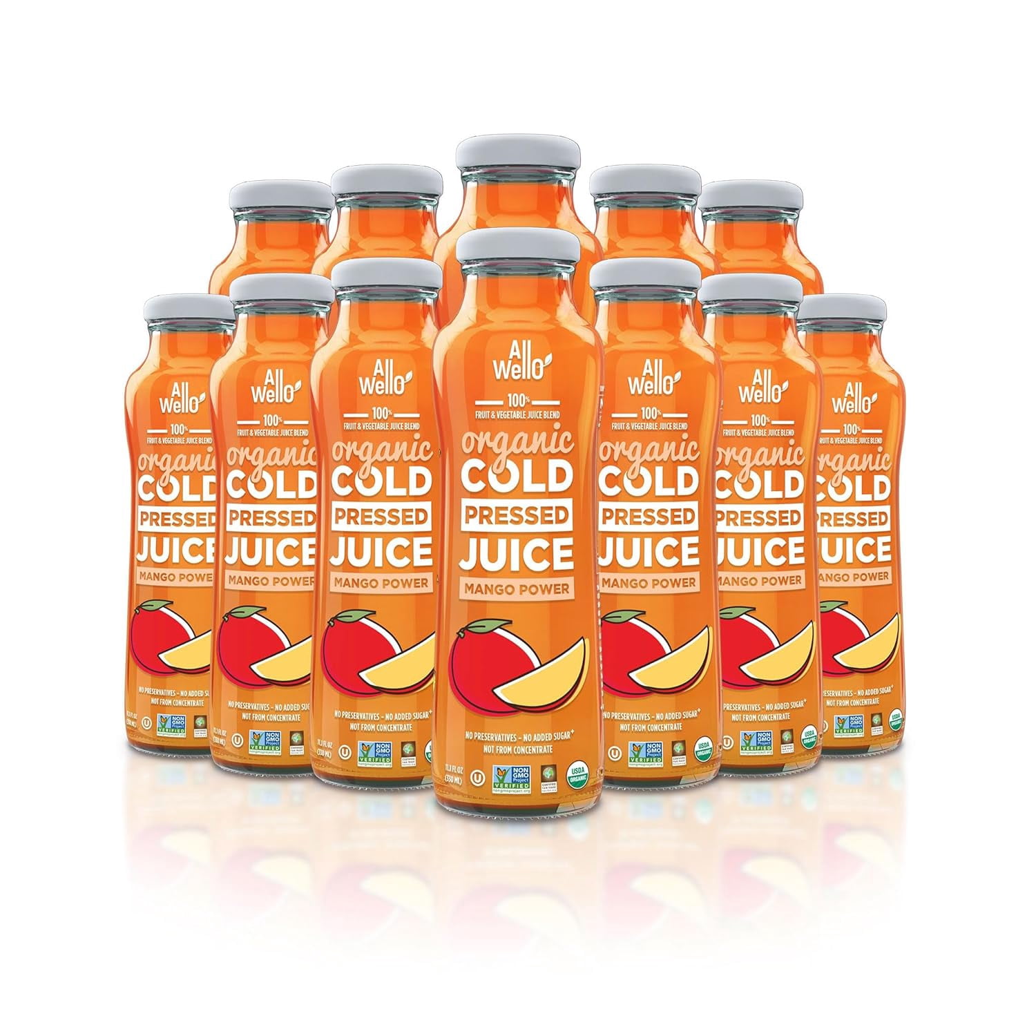 AllWellO Mango Power Organic Cold‑Pressed Juice, 11.1 fl oz, 12 Pack