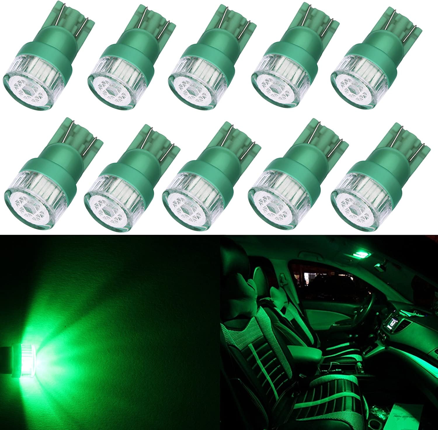 Alla Lighting 10pcs 2W High Power Super Bright 194 168 2825 175 W5W LED Bulbs -- Green Miniature T10 Wedge SMD LED Lights