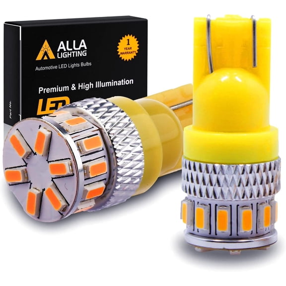 Alla Lighting 168 194 LED Bulbs, Amber Yellow T10 Wedge 360° Side Marker, License, Interior Map, Dome, Trunk Lights W5W 2825 175, Super Bright 3014 18-SMD 12V Replacement for Cars, Trucks, SUVs, Vans