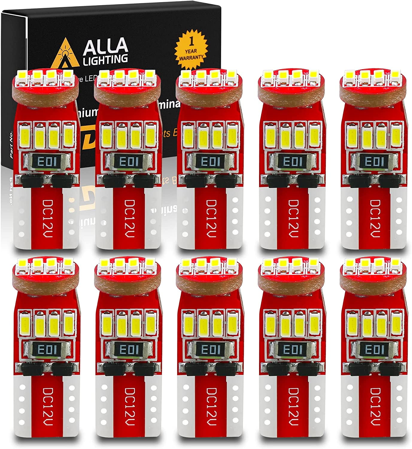 Alla Lighting 194 LED Bulb Interior Car Lights 168 2825 W5W T10 Super Bright LED 194 Bulb for License Plate Light Dome Light Map Light Door Light Courtesy Light Parking Light Trunk Lights (Pack of 10)