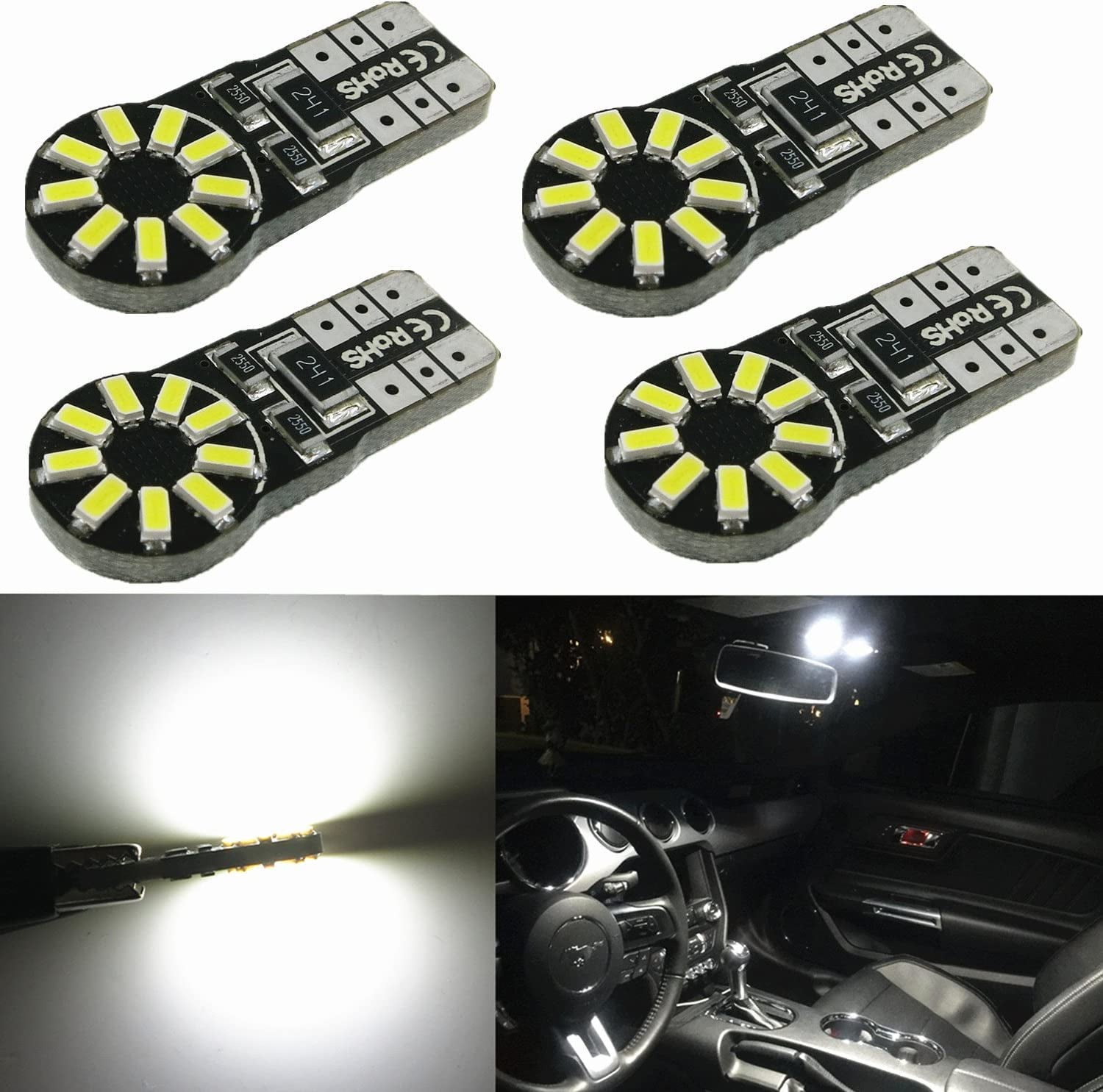Alla Lighting 4x 194 168 LED Light Bulb 6000K White Super Bright 175 168 2825 W5W T10 Wedge 3014 SMD Chipsets LED Replacement Bulbs CAN-BUS for Car Interior Map Dome Trunk License Plate Parking Lights