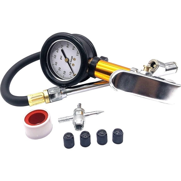 Alla Lighting High Performance Air Chuck w/ Compressor Accessories Heavy Duty Zinc Alloy with Dual Foot Chunk Rubber Hose Quick Connect Valve Core Tool Caps for 0.1 Display Resolution (150 PSI)