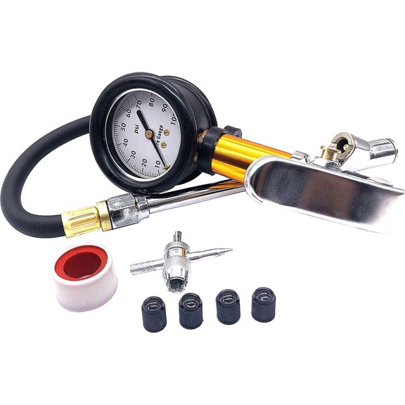 Alla Lighting High Performance Air Chuck w/ Compressor Accessories Heavy Duty Zinc Alloy with Dual Foot Chunk Rubber Hose Quick Connect Valve Core Tool Caps for 0.1 Display Resolution (150 PSI)