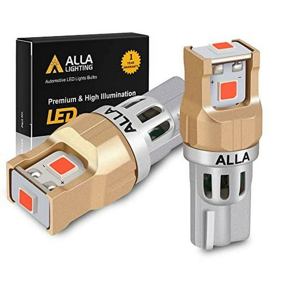 Alla Lighting Miniature 12V T10 Wedge 194/168 LED bulbs, Pure Red Taillights, Side Marker Lights, Interior Lights, Map Lights, Dome Lights, Trunk Lights SMD Replacement