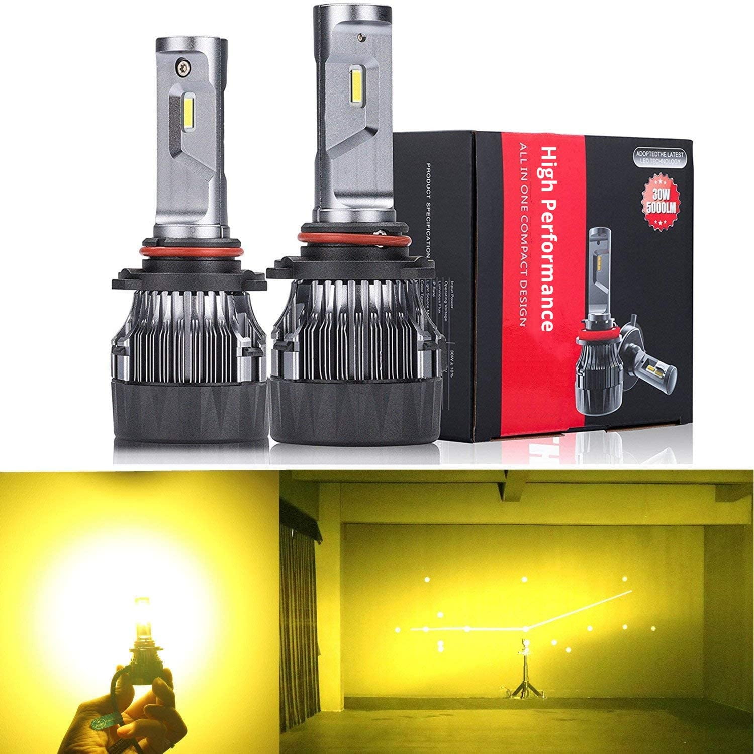 Alla Lighting S-HCR HB3 9005 LED Bulbs Replacement 3000K Yellow 10000Lms Xtreme Super Bright DRL Daytime Running Lights(DRL)