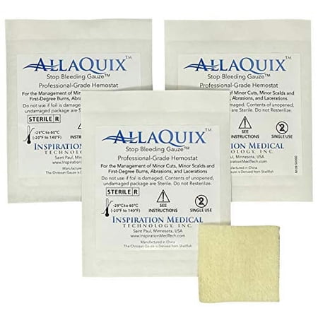AllaQuix High Performance Stop Bleeding Gauze - Large (2"x2"Square) - (3-Pack) Professional-Grade First-Aid Hemostatic Gauze (Blood Clotting Bandage)