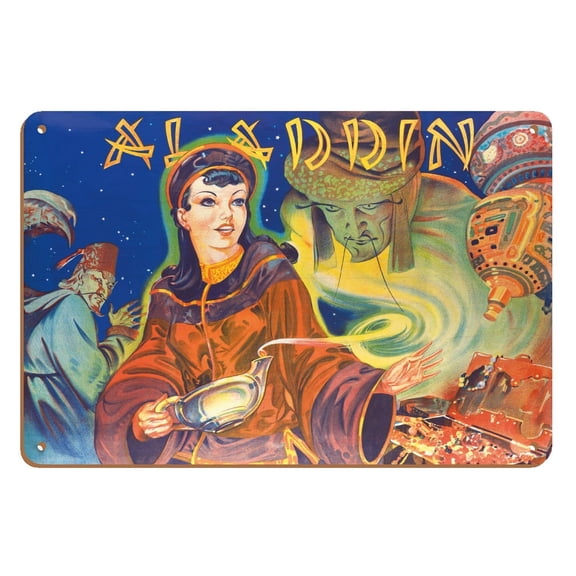 Alladdin - Pantomime Family Theatre Show at West End of London Coliseum - Genie - Sorcerer - Vintage Theater Poster c.1930s - 8 x 12 inch Vintage Wood Art Sign