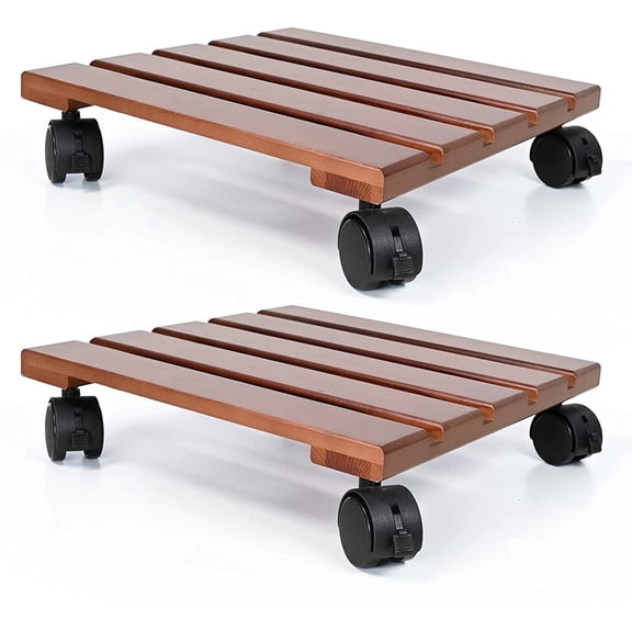 Alladinbox Plant Caddy Wooden Dolly with 4 Lockable Casters, Square Shape for Indoor/outdoor, Holds 150 Lbs, Brown, Set of 2 (12 In)