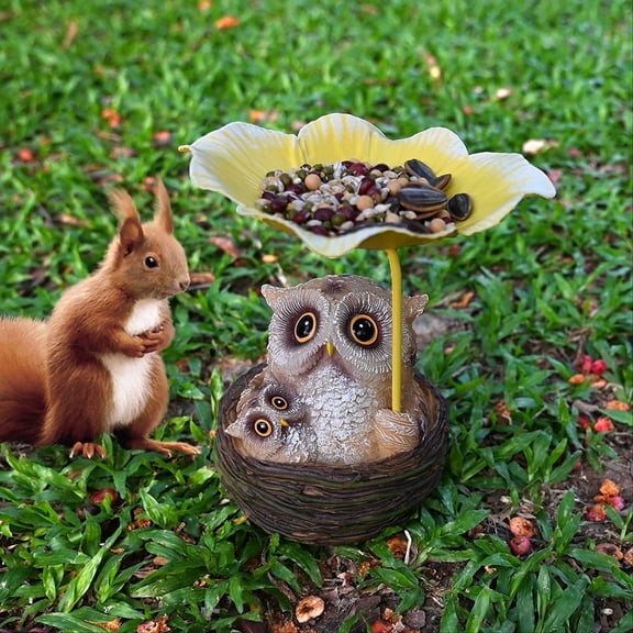 Alladinbox Owl Family Bird Feeder Outdoors, Whimsical Garden Decor, Bird Baths Fit for Outside Wild Birds, Woodland Squirrels, and Other Animals, Garden Statue, Sculpture, Gift Ideas for Bird Lovers,