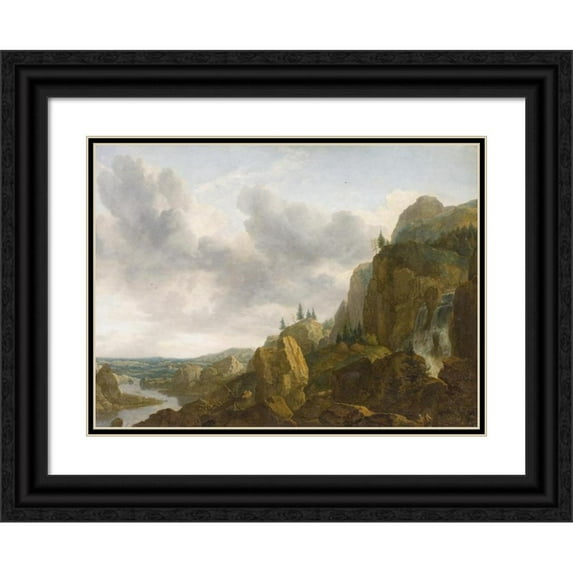 Allaert van Everdingen 14x11 Black Ornate Wood Framed Double Matted Museum Art Print Titled: Northern Mountain Landscape with Waterfall (1647)