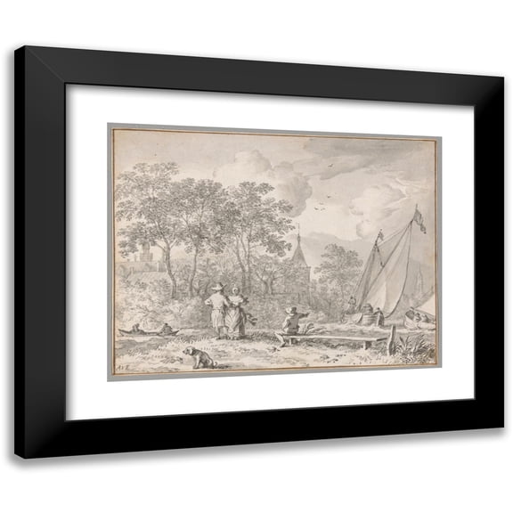 Allaert van Everdingen 14x12 Black Modern Framed Museum Art Print Titled - Landscape with Elegant Figures by a River, with Boats to the Right and a Town Behind Trees Beyond
