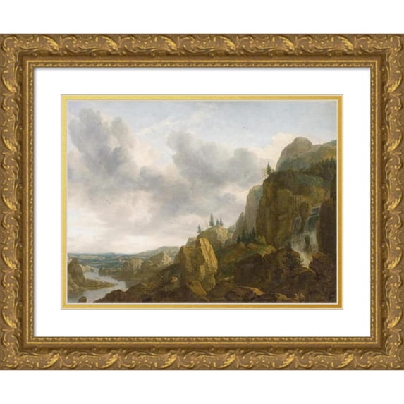 Allaert van Everdingen 24x19 Gold Ornate Framed and Double Matted Museum Art Print Titled - Northern Mountain Landscape with Waterfall (1647)