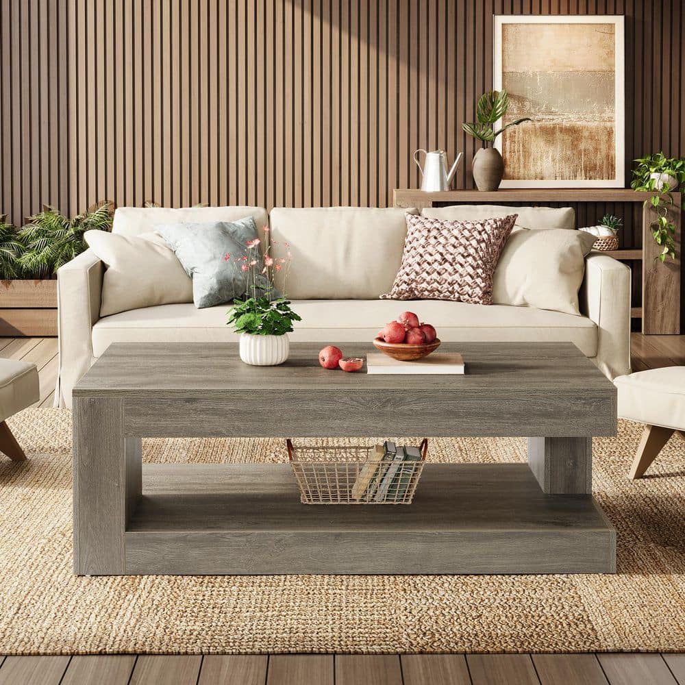 1474 Table Allan 47.24 in. Gray Rectangle Wood Coffee Table with 2-Tier Storage ...