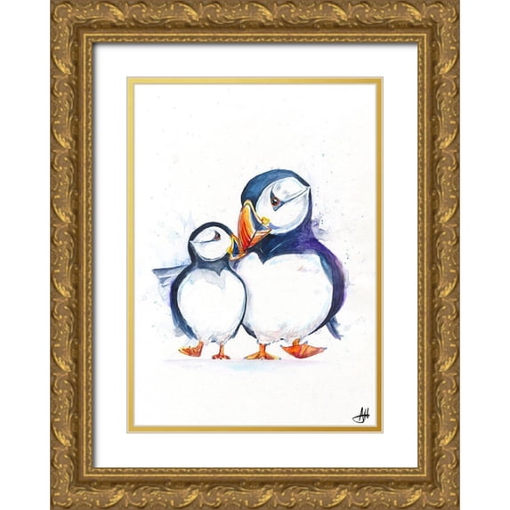 Allante, Marc 24x32 Gold Ornate Wood Framed with Double Matting Museum Art Print Titled - Parading Puffins (Signed)