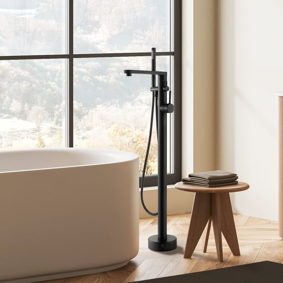 Allario Gleaming Brass Freestanding Tub Faucet in Matte Black with Handshower
