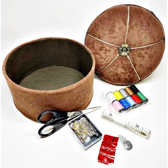 Allary Sewing Accessory Box with Pincushion Top, Brown