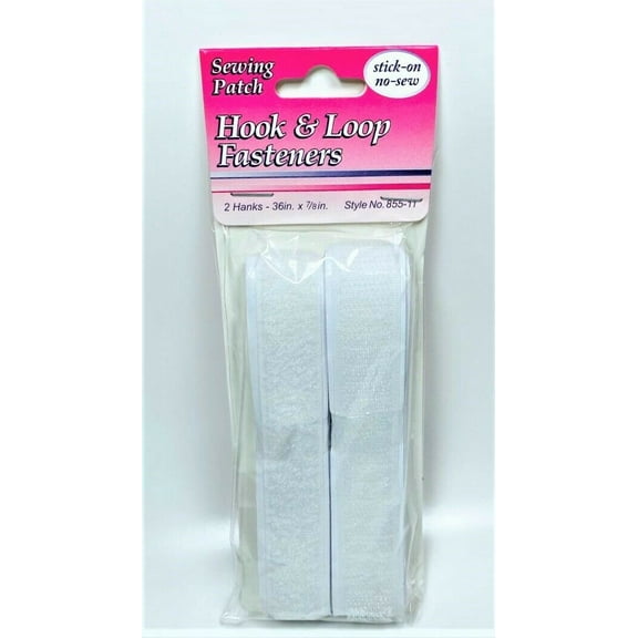 Allary Stick-On No Sew Hook & Loop Fasteners, 2 Hanks 36" x 7/8", White