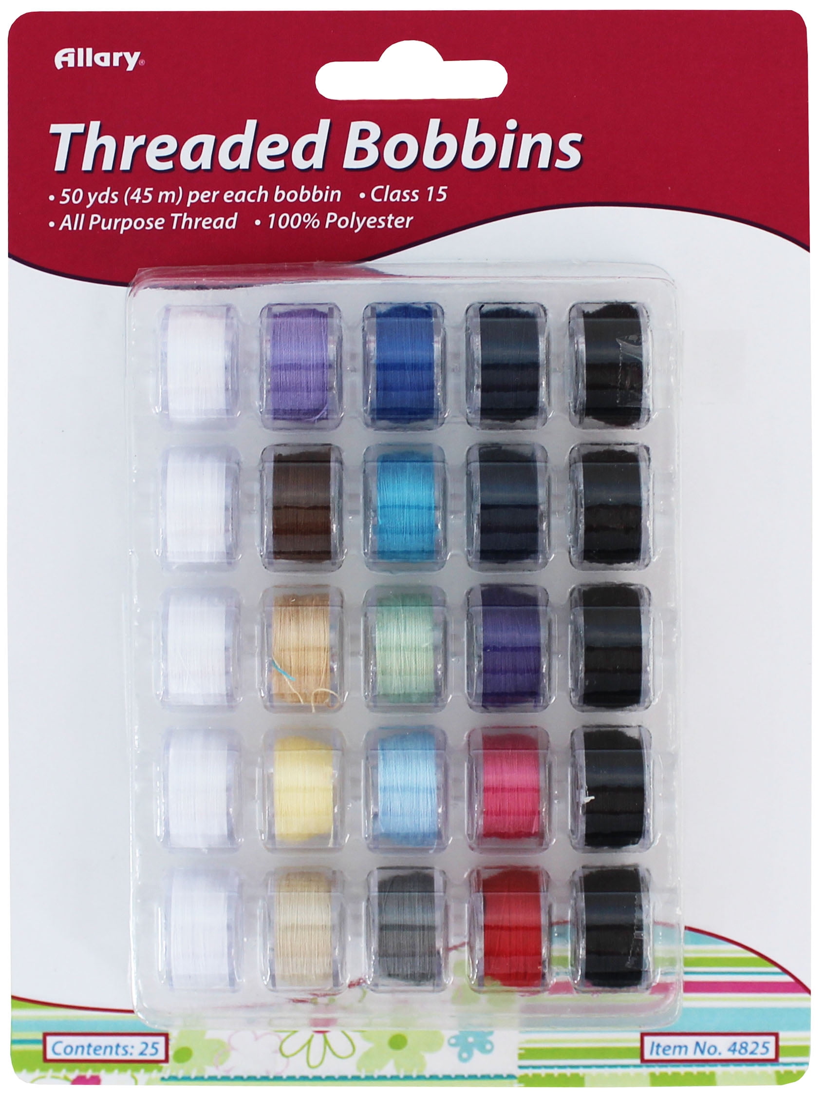 Allary Threaded Class 15 Bobbins, All Purpose 100% Polyester Thread, 50 yds (45 M) Per Bobbin, 25 Count