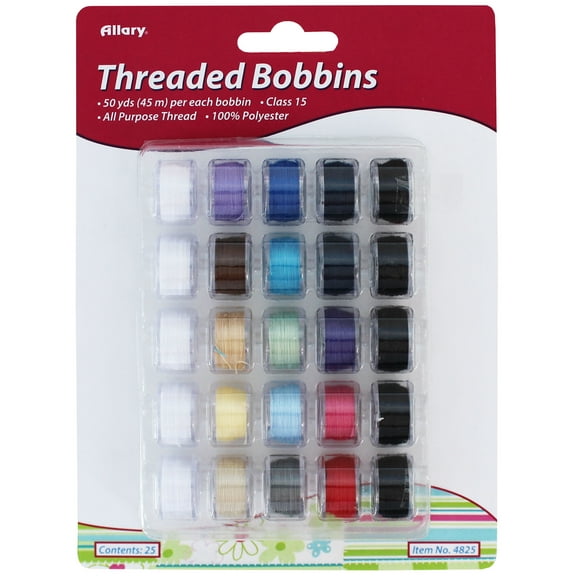 Allary Threaded Class 15 Bobbins, All Purpose 100% Polyester Thread, 50 yds (45 M) Per Bobbin, 25 Count