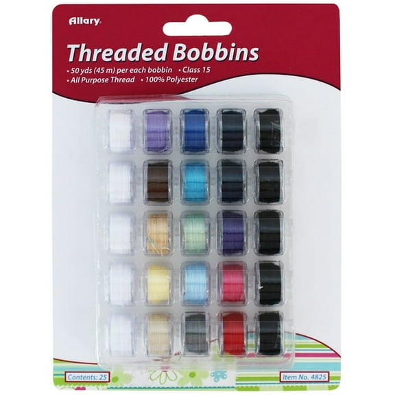 Allary Threaded Class 15 Bobbins, All Purpose 100% Polyester Thread, 50 yds (45 M) Per Bobbin, 25 Count