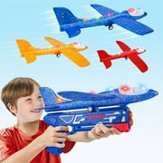 Allaugh 3 Pack Airplane Launcher Toy, 12.6" Foam Glider LED Plane, 2 Flight Mode Catapult Airplane Boy Toys for 4-12 Kids Outdoor Flying Toys Gifts, Red, Orange, Blue