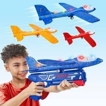 Allaugh 3 Pack Airplane Launcher Toy, 12.6" Foam Glider LED Plane, 2 Flight Mode Catapult Airplane Boy Toys for 4-12 Kids Outdoor Flying Toys Gifts, Red, Orange, Blue