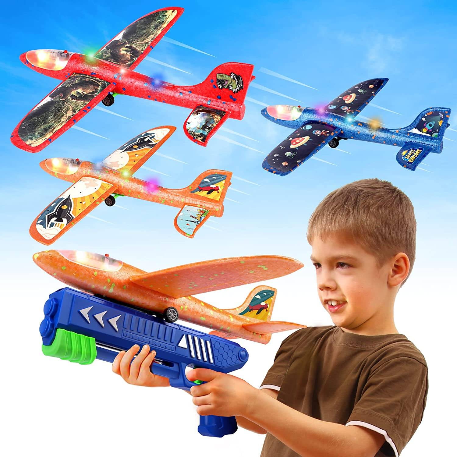 Aiencsai 3 Pack Airplane Launcher Toy, 12.6 Foam Glider LED Plane, 2 Flight Mode Catapult Plane for Kids Outdoor Sport Flying Toys Gifts for 4 5 6 7