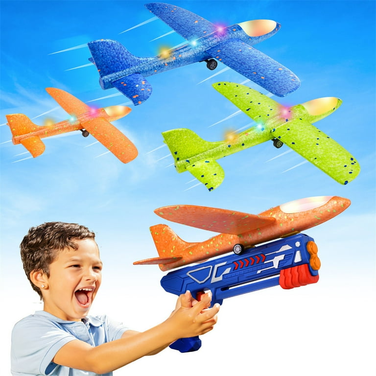 Allaugh 3 Pack Airplane Launcher Toys Foam Glider LED Light Airplane 2 Flight Mode Catapult Plane Toy for Boys Outside Flying Toys Gifts for 4 5 6 7