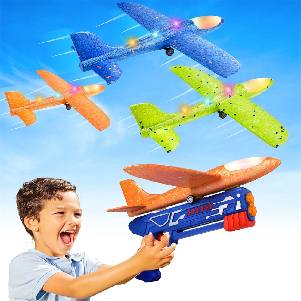 Allaugh 3 Pack Airplane Launcher Toys, Foam Glider LED Light Airplane 2 Flight Mode Catapult Plane Toy for Boys, Outside Flying Toys Gifts for 4 5 6 7 8 9 10 11 12 Years Old