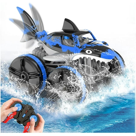 Allaugh Amphibious Remote Control Car - 1:14 Scale 4WD Remote Control Boat for Pool,360° Rotating off-Road RC Monster Shark, Toy Cars Gifts for Kids 4-12 Years Old, Blue