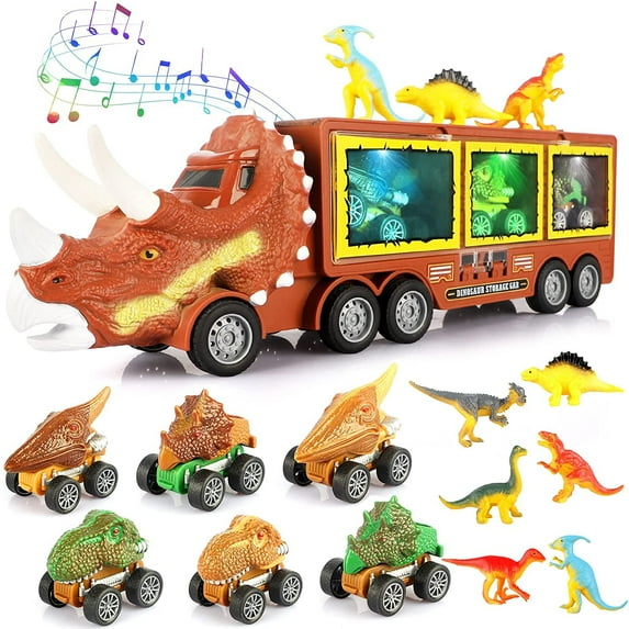 Allaugh Dinosaur Toys for Kids 3-8, Dinosaur Truck with Flashing Lights, Music and Roaring Sound, Kids Toys with 6 Pull Back Dinosaur Cars, 6 Dinosaur Toys and 1 Dinosaur Carrier Truck, Brown