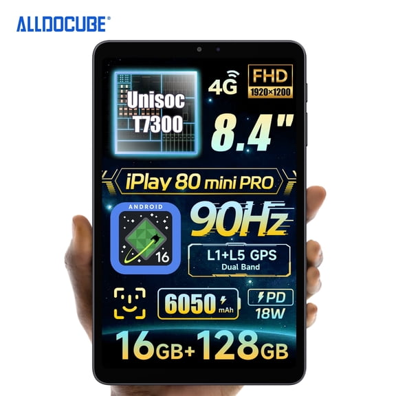 ALDOCUBE iPlay 80 mini Pro 8.4inch 90Hz FHD Android Tablet, 16GB RAM 128GB ROM, Unisoc T7300 Octa-Core, 4G LTE, 6050mAh, GPS, Widevine L1